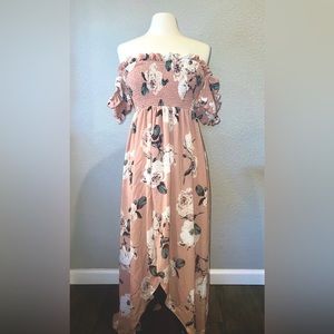 NLW NUDE PINK FLORAL OFF-THE-SHOULDER MAXI DRESS